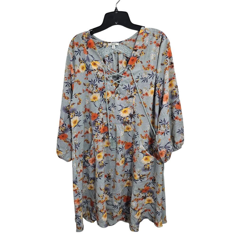 Jodifl Lace Up Blue Floral Dress Size Large Pockets Pull On 3/4 Sleeves